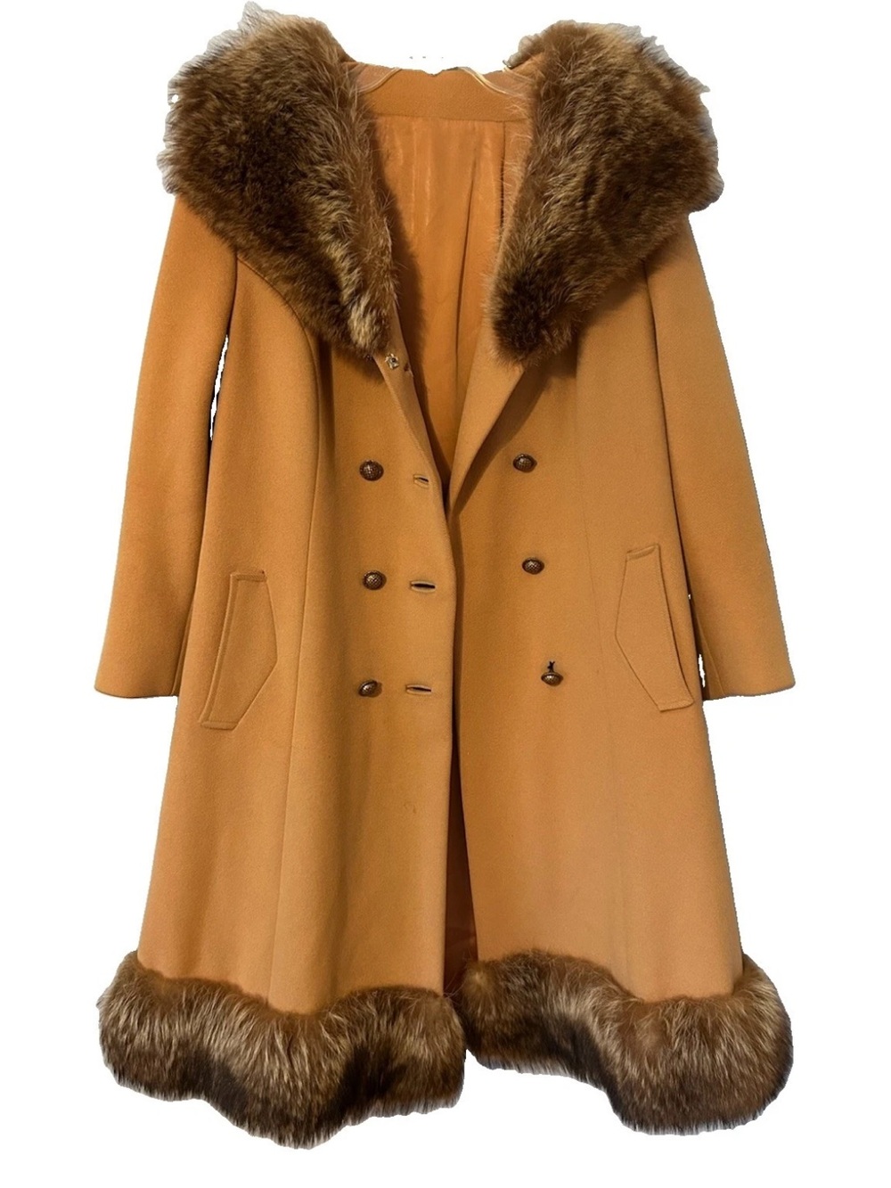 Vintage 60s Del-Shire Camel Wool Fox Fur Trim Maxi Coat Penny Lane M/L